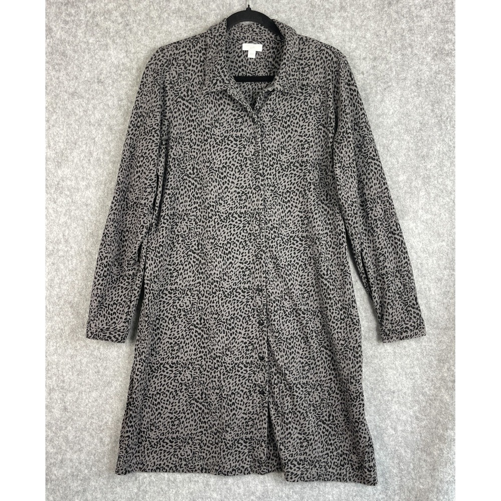 J Jill Shirt Dress Womens Large Gray Animal Print Long Sleeve Pocket Stretch